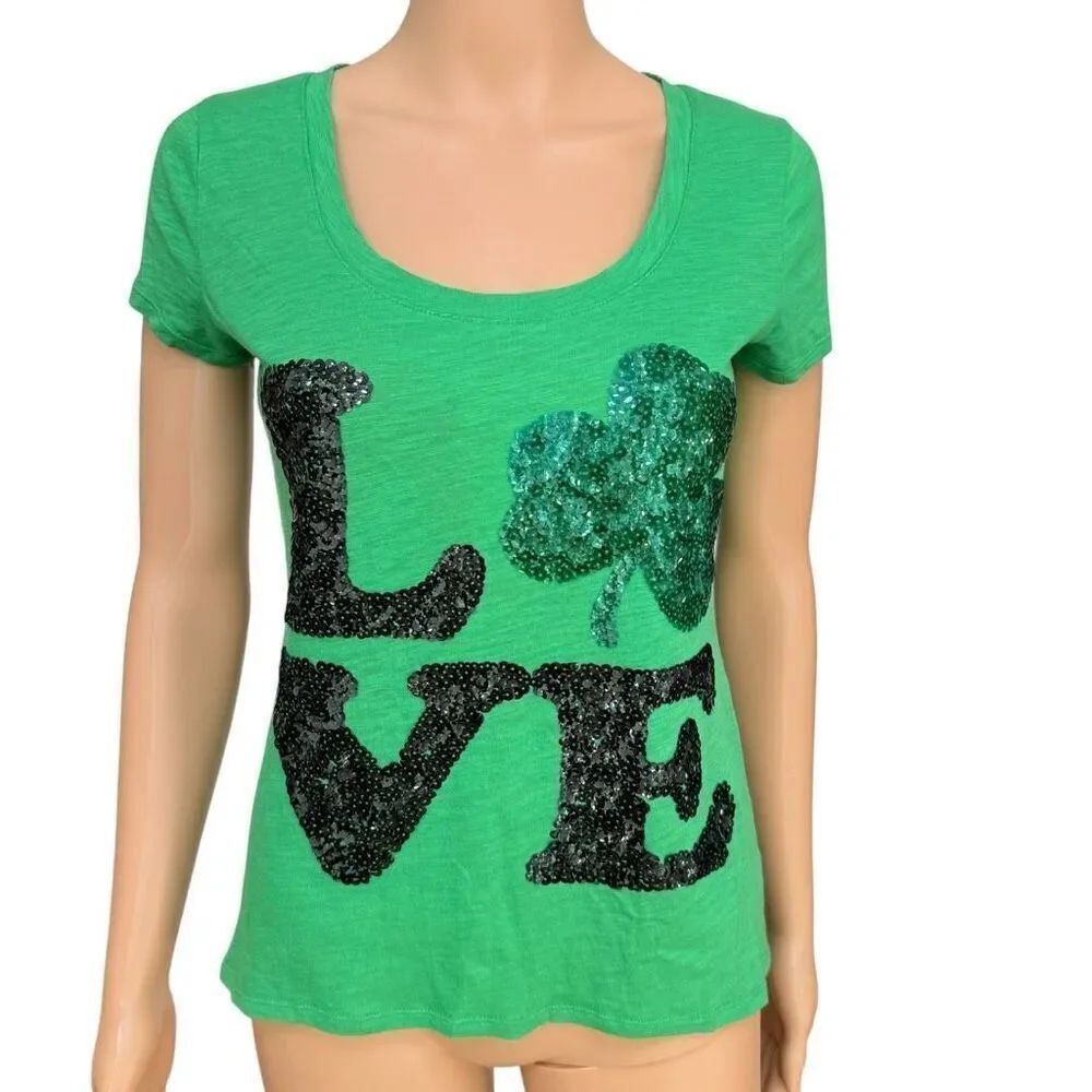 Express Women's Love Sequin St. Patrick's Day Top shirt cotton blend size XS